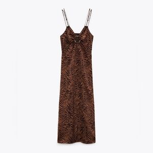 ZARA NWOT Brown Zebra Print Midi Satin Slip V-neck Cut-Out Dress - Size S